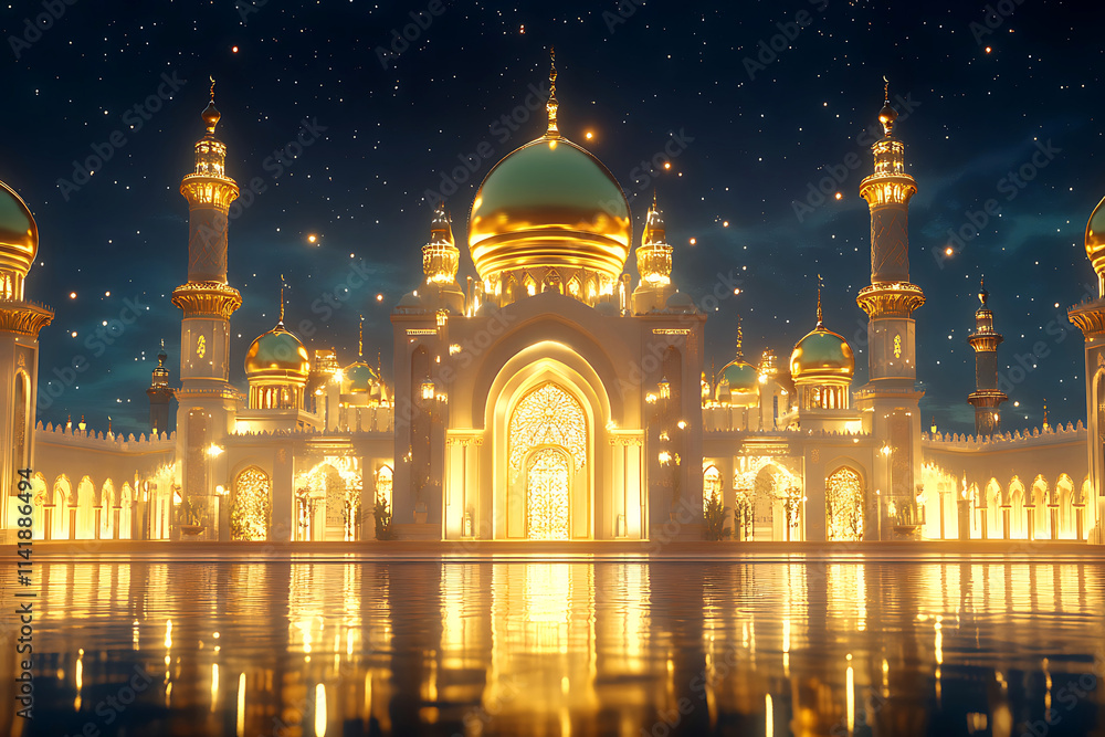 Obraz premium 3D golden mosque with Ramadan Kareem Islamic background.