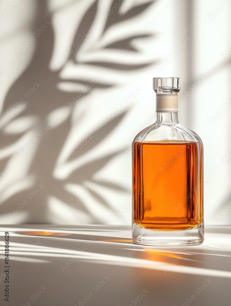 Elegant whiskey bottle on smooth white surface with play of shadows photography minimalist aesthetic Elegant whiskey bottle on smooth white surface with play of shadows photography minimalist aesthetic