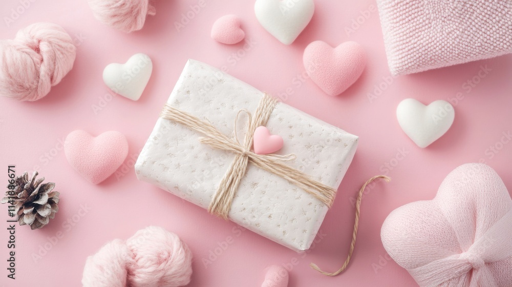 a present wrapped in white paper surrounded by pink and white hearts a present wrapped in white paper surrounded by pink and white hearts