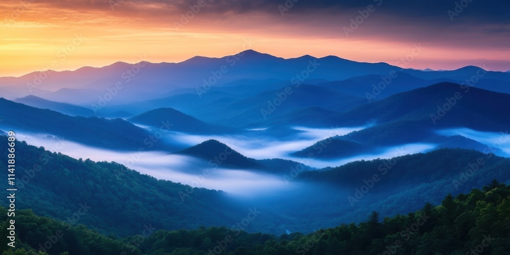Mist rolling over mountain peaks at sunrise serene landscape nature photography majestic environment panoramic view Mist rolling over mountain peaks at sunrise serene landscape nature photography majestic environment panoramic view