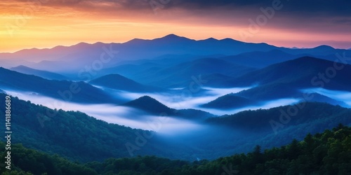 Mist rolling over mountain peaks at sunrise serene landscape nature photography majestic environment panoramic view