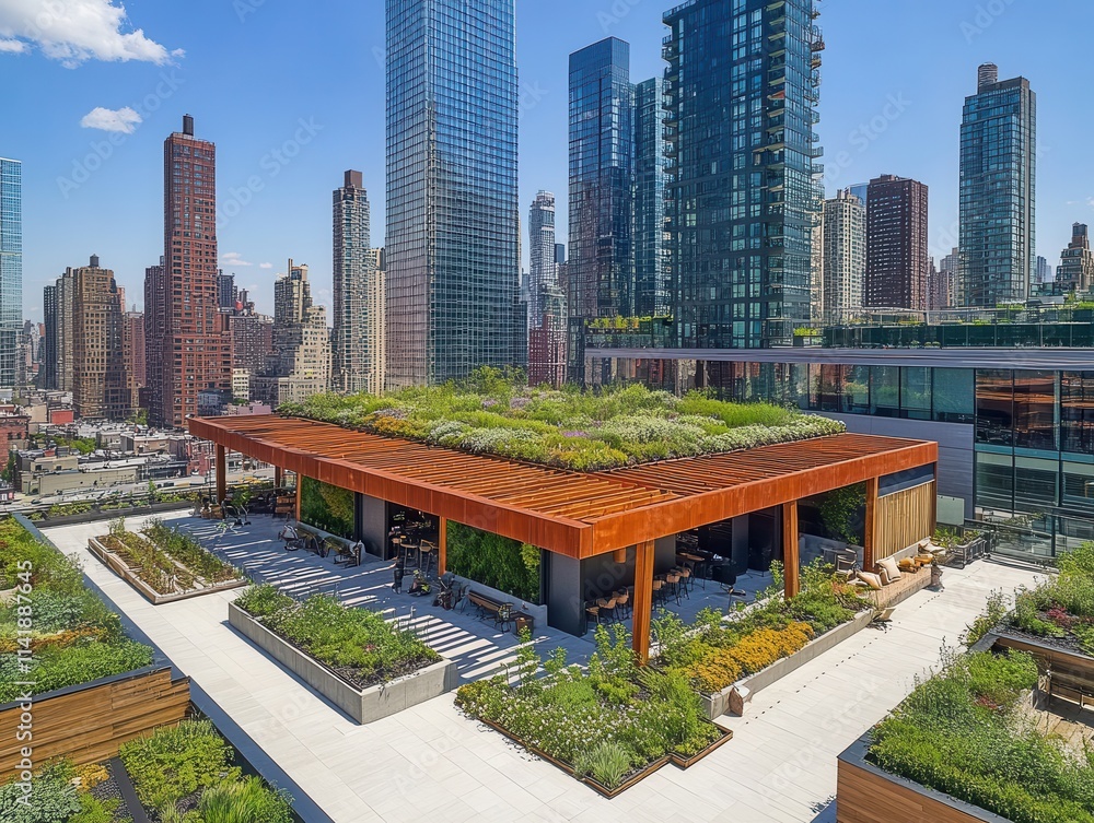 Fototapeta premium Urban Oasis Rooftop Garden Lush Greenery Amidst City Skyline
