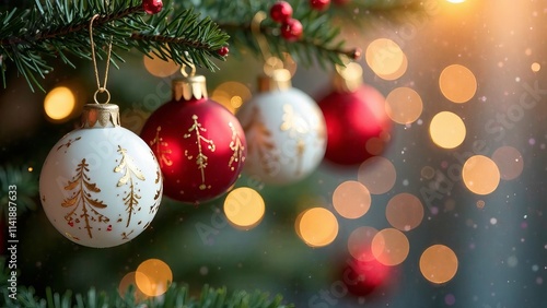 Christmas and New years eve Background. Beautiful Wide Angle Holiday Template with Christmas red ball on fir tree and highlights. Panoramic classic header Web banner with copy space for design