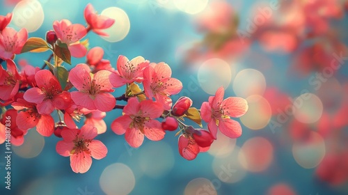 Spring Horizontal banner with sakura flowers. Beautiful nature season background with a branch of blooming cherry. Copy space for text, selective focus photo