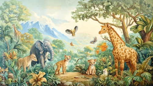 Fototapeta Naklejka Na Ścianę i Meble -  Bright, whimsical animal mural with jungle and forest animals designed for children's room decoration, filled with lively colors and charm