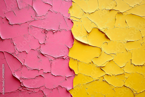 Vibrant Pink and Yellow Textured Wall, Abstract Art Displaying Contrasting Colors and Impasto Technique: A bold artistic expression of color juxtaposition using thick paint applica photo