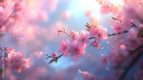 Spring Horizontal banner with sakura flowers. Beautiful nature season background with a branch of blooming cherry. Copy space for text, selective focus