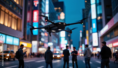 Wallpaper Mural Futuristic transport soaring above an urban street at dusk with illuminated billboards and pedestrians below Torontodigital.ca