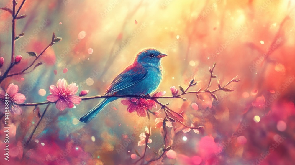 Obraz premium Blue bird perched on a blossoming pink branch in a vibrant garden.