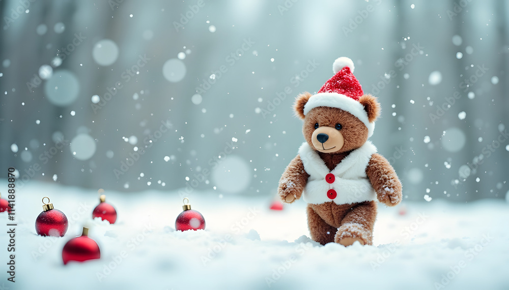 Adorable teddy bear in a festive Santa Claus hat and white vest is making his way through a snowy field Adorable teddy bear in a festive Santa Claus hat and white vest is making his way through a snowy field