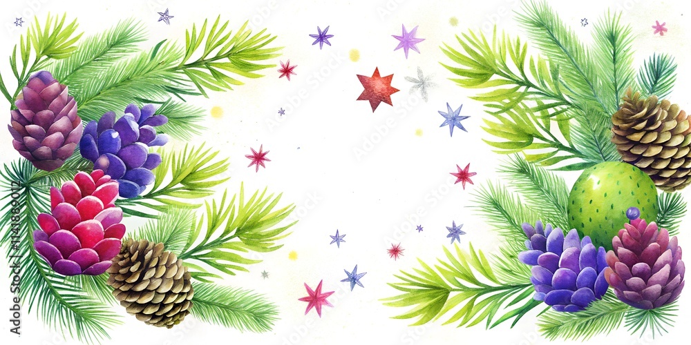 Colorful pinecone arrangement with sparkling stars and festive greenery for holiday decorations New Year Christmas garland art frame.
Colorful pinecone arrangement with sparkling stars and festive greenery for holiday decorations New Year Christmas garland art frame.