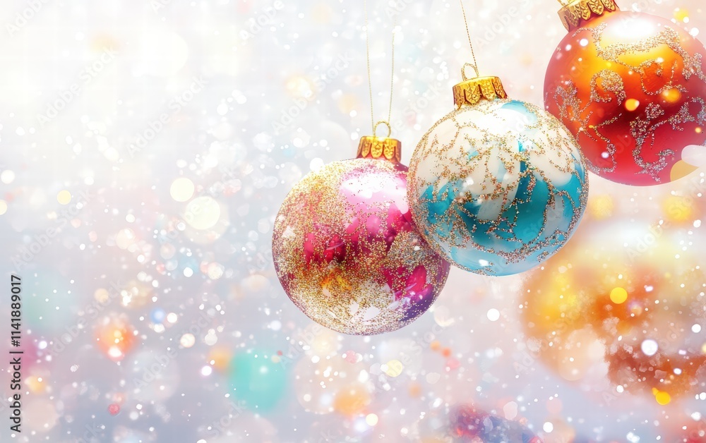 A modern festive design featuring holographic ornaments and shimmering glitter patterns on a bright white background A modern festive design featuring holographic ornaments and shimmering glitter patterns on a bright white background