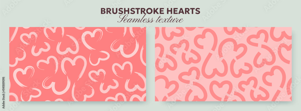 Seamless texture of brush painted hearts in two variations. Hand drawn pattern, bold line heart shapes. Romantic abstract background in pastel colors, Valentine's Day design for print, packaging. Seamless texture of brush painted hearts in two variations. Hand drawn pattern, bold line heart shapes. Romantic abstract background in pastel colors, Valentine's Day design for print, packaging.