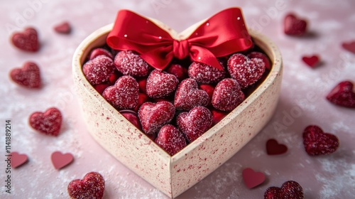 A beautifully wrapped heart-shaped box with a red bow, filled with heart-shaped candy, set on a soft pink background, capturing the spirit of Valentine's Day