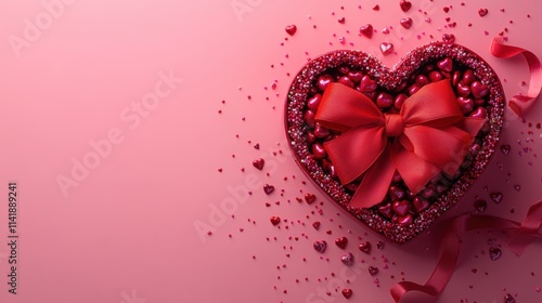 A beautifully wrapped heart-shaped box with a red bow, filled with heart-shaped candy, set on a soft pink background, capturing the spirit of Valentine's Day