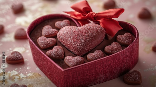 A beautifully wrapped heart-shaped box with a red bow, filled with heart-shaped candy, set on a soft pink background, capturing the spirit of Valentine's Day