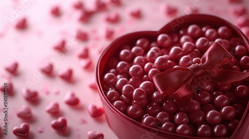 A beautifully wrapped heart-shaped box with a red bow, filled with heart-shaped candy, set on a soft pink background, capturing the spirit of Valentine's Day