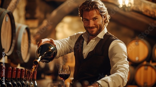 Man Pouring Red Wine In A Wine Cellar
