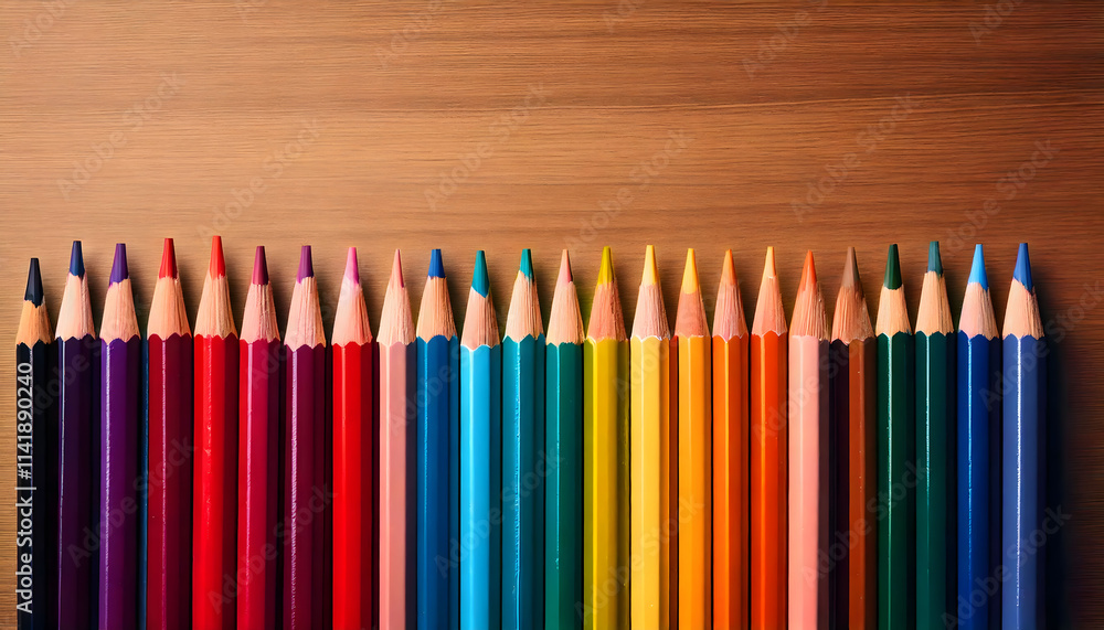Vibrant colored pencils arranged neatly on a wooden surface for artistic creativity and inspiration Vibrant colored pencils arranged neatly on a wooden surface for artistic creativity and inspiration
