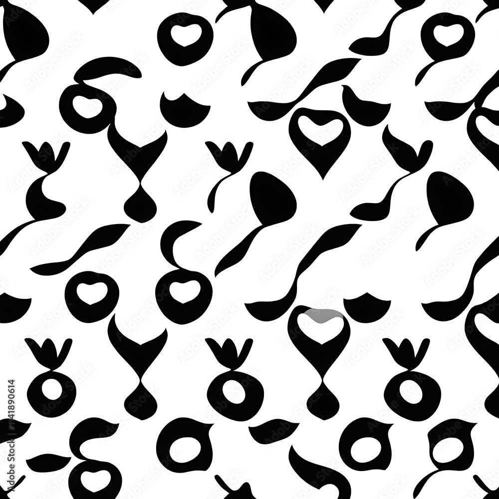 Fototapeta premium Abstract Floral Seamless Pattern: Black and white stylized floral motifs create a modern, elegant, and versatile repeating pattern. Perfect for textile design, wallpaper, packaging.