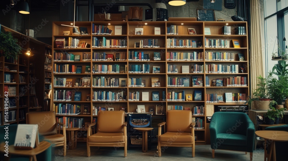 Modern library interior with bookshelves, armchairs, and tables. Modern library interior with bookshelves, armchairs, and tables.