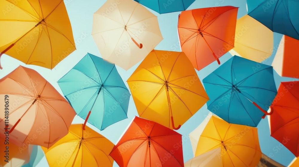 Colorful umbrellas open against a bright sky, showcasing vibrant shades and geometric patterns, perfect for spring or summer-themed visuals Colorful umbrellas open against a bright sky, showcasing vibrant shades and geometric patterns, perfect for spring or summer-themed visuals