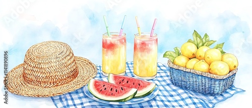 Colorful summer picnic with drinks and fruits.