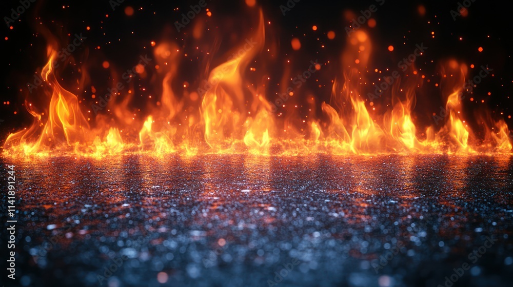 Fiery inferno reflected on wet asphalt; dark background, sparks and embers. Fiery inferno reflected on wet asphalt; dark background, sparks and embers.