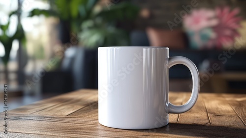 White Coffee Mug on Wooden Table in Bright Indoor Setting