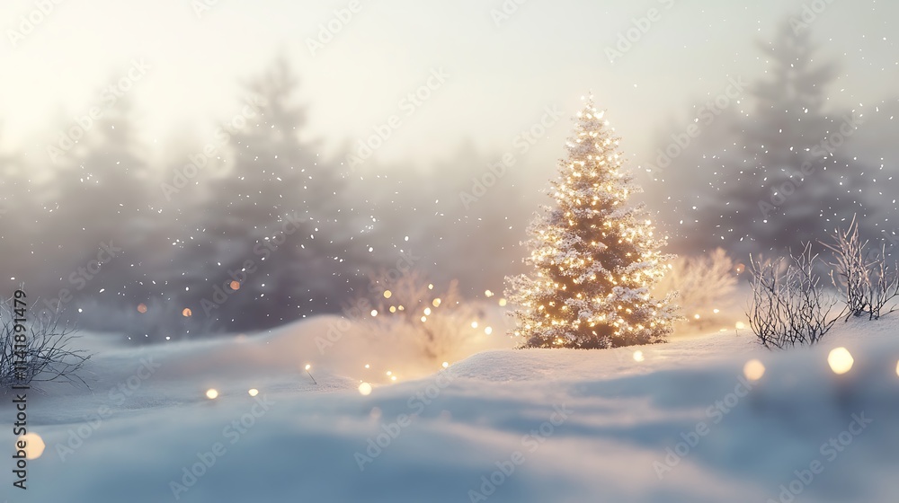 Snow-covered Landscape with Christmas Tree and Glittering Lights Snow-covered Landscape with Christmas Tree and Glittering Lights