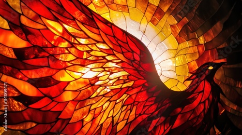 Fiery stained glass phoenix soaring.