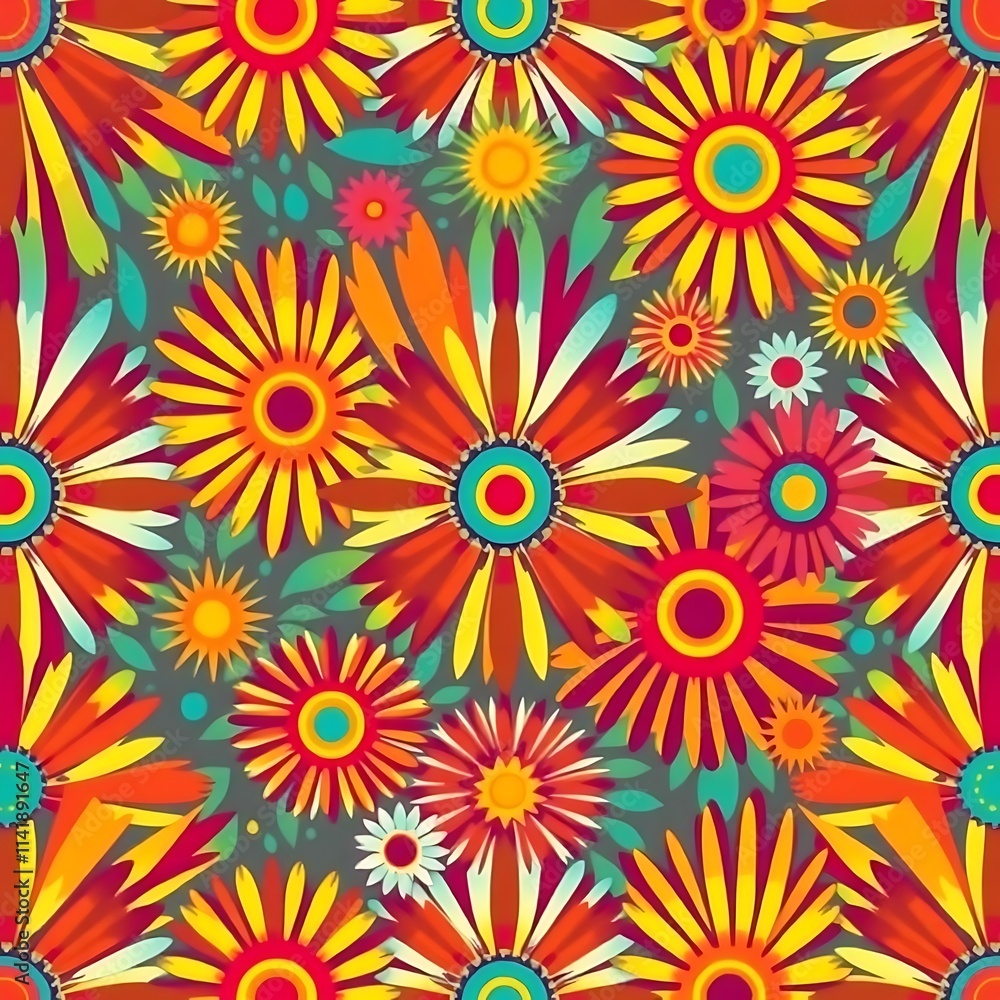 Vibrant Floral Burst: A captivating pattern of bold, colorful daisies and leaves creates a dynamic and energetic visual, perfect for adding a pop of color and life to any design project. Vibrant Floral Burst: A captivating pattern of bold, colorful daisies and leaves creates a dynamic and energetic visual, perfect for adding a pop of color and life to any design project.