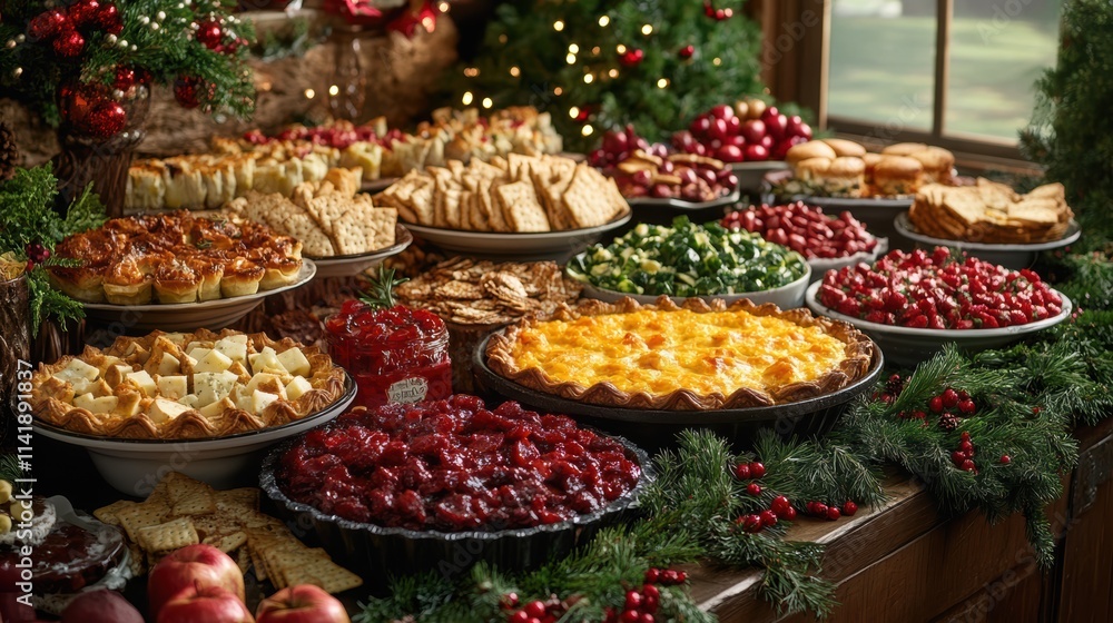 A gourmet selection of finger foods, with mini quiches, sliders, and an elegant cheese platter, displayed with a variety of crackers and garnishes for a festive gathering A gourmet selection of finger foods, with mini quiches, sliders, and an elegant cheese platter, displayed with a variety of crackers and garnishes for a festive gathering