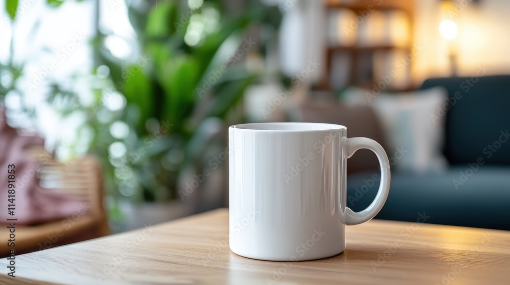 White Coffee Mug on Wooden Table in Bright Indoor Setting White Coffee Mug on Wooden Table in Bright Indoor Setting