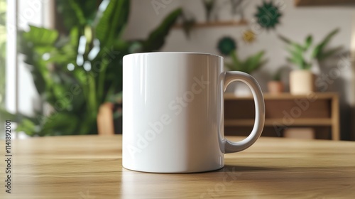 White Coffee Mug on Wooden Table in Bright Indoor Setting