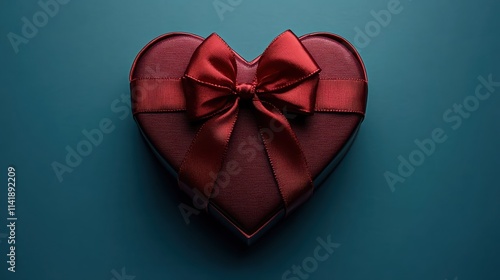 A heart-shaped Valentine's Day box adorned with a luxurious red bow, placed against a serene blue background, conveying love and romance