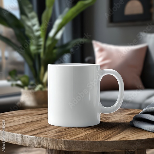 White Coffee Mug on Wooden Table in Bright Indoor Setting