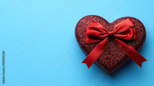 A heart-shaped Valentine's Day box adorned with a luxurious red bow, placed against a serene blue background, conveying love and romance