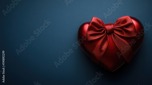 A heart-shaped Valentine's Day box adorned with a luxurious red bow, placed against a serene blue background, conveying love and romance
