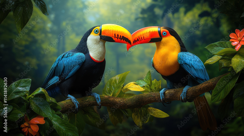 Obraz premium Vibrant Toucan and Regal Hornbill Perched on Leafy Bough in Natural Beauty