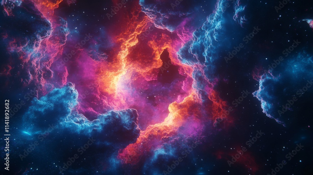Fototapeta premium Cosmic Nebula Glowing Clouds Of Red Blue And Pink