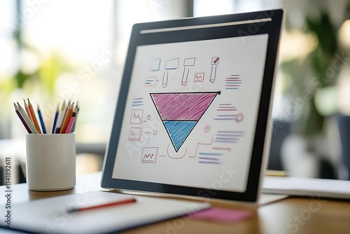 Online ad concept with marketing funnel diagram on a whiteboard 