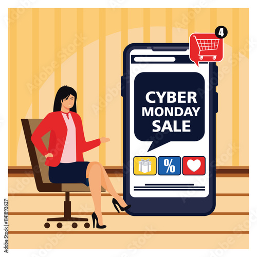 Cyber ​​Monday. Big seasonal sales and discounts for online shopping with Woman Sitting by Smartphone.