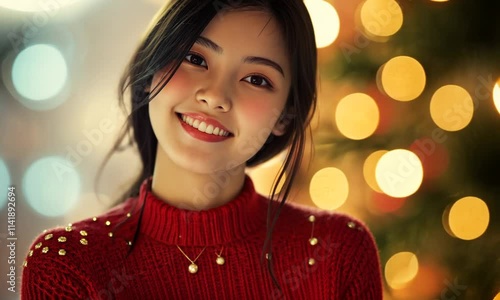 Wallpaper Mural A portrait of a smiling Asian with delicate facial features, wearing a comfortable red Christmas sweater. Light colored background, indoor Christmas scenery includes artistic portrait photography Torontodigital.ca