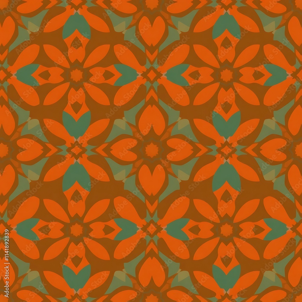 Intricate Floral Pattern: A captivating seamless pattern featuring an abstract design of stylized floral motifs in shades of orange and green, creating a vibrant and eye-catching texture. Intricate Floral Pattern: A captivating seamless pattern featuring an abstract design of stylized floral motifs in shades of orange and green, creating a vibrant and eye-catching texture.