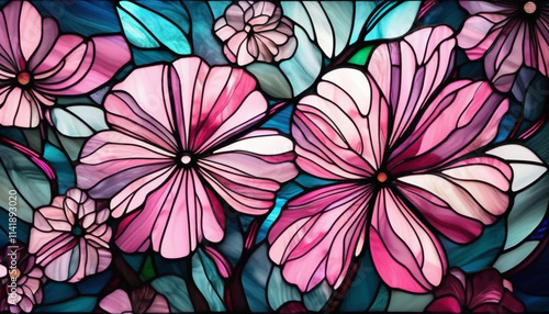 Pink and blue stained glass flowers as a background. 