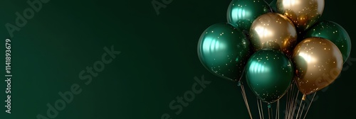 Stunning 3D Realistic Green and Gold Balloons on Dark Green Background Perfect for Holiday Celebrations and Special Occasions Decorations