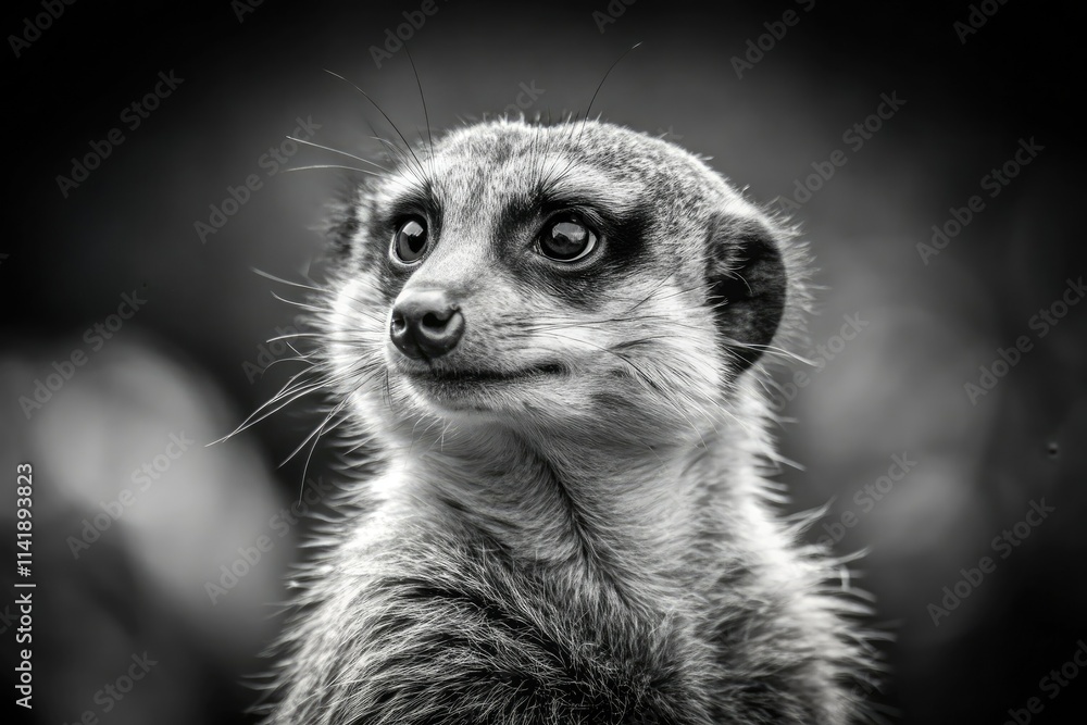 Fototapeta premium Majestic meerkat portrait: sharp, black and white wildlife image with exceptional depth of field.