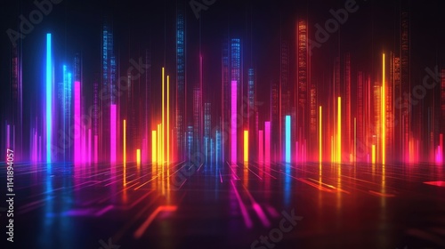 High-tech audio equalizer with glowing bars rising and falling, showcasing vibrant colors and sound visualization in a modern design