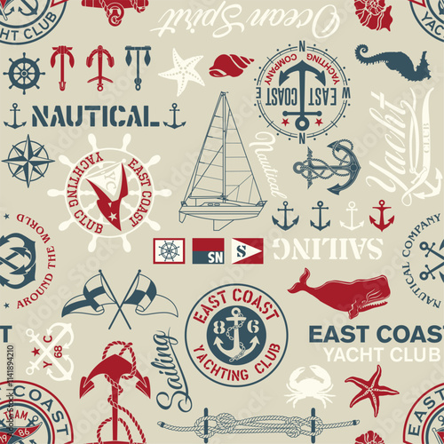 Nautical yachting sailing badge elements patchwork wallpaper vintage marine vector seamless pattern  for fabric wear shirt  tablecloth wrapping pillow